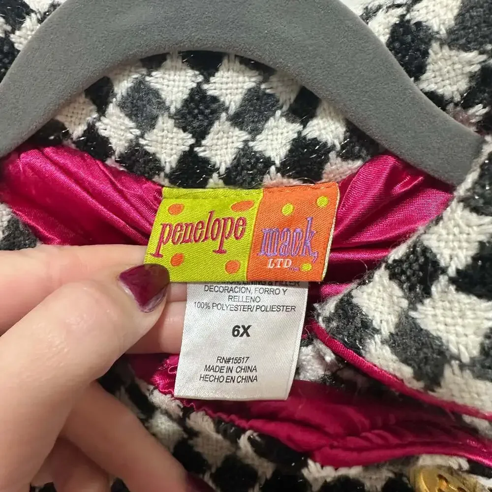 Penelope Mack Girls Houndstooth Coat with Pink Lining, Sz 6X